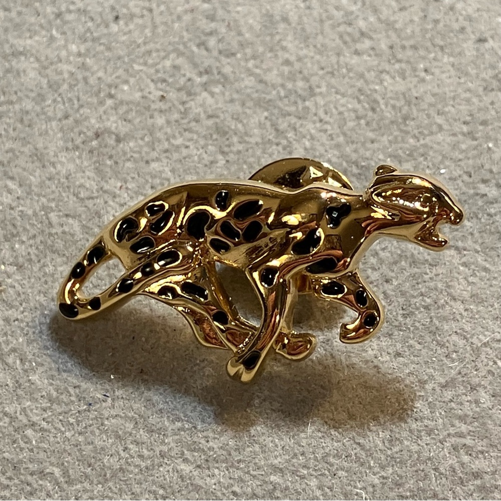 Vintage Jackie Collins Leopard Pin Pendant Gold Tone Black Enamel Couture